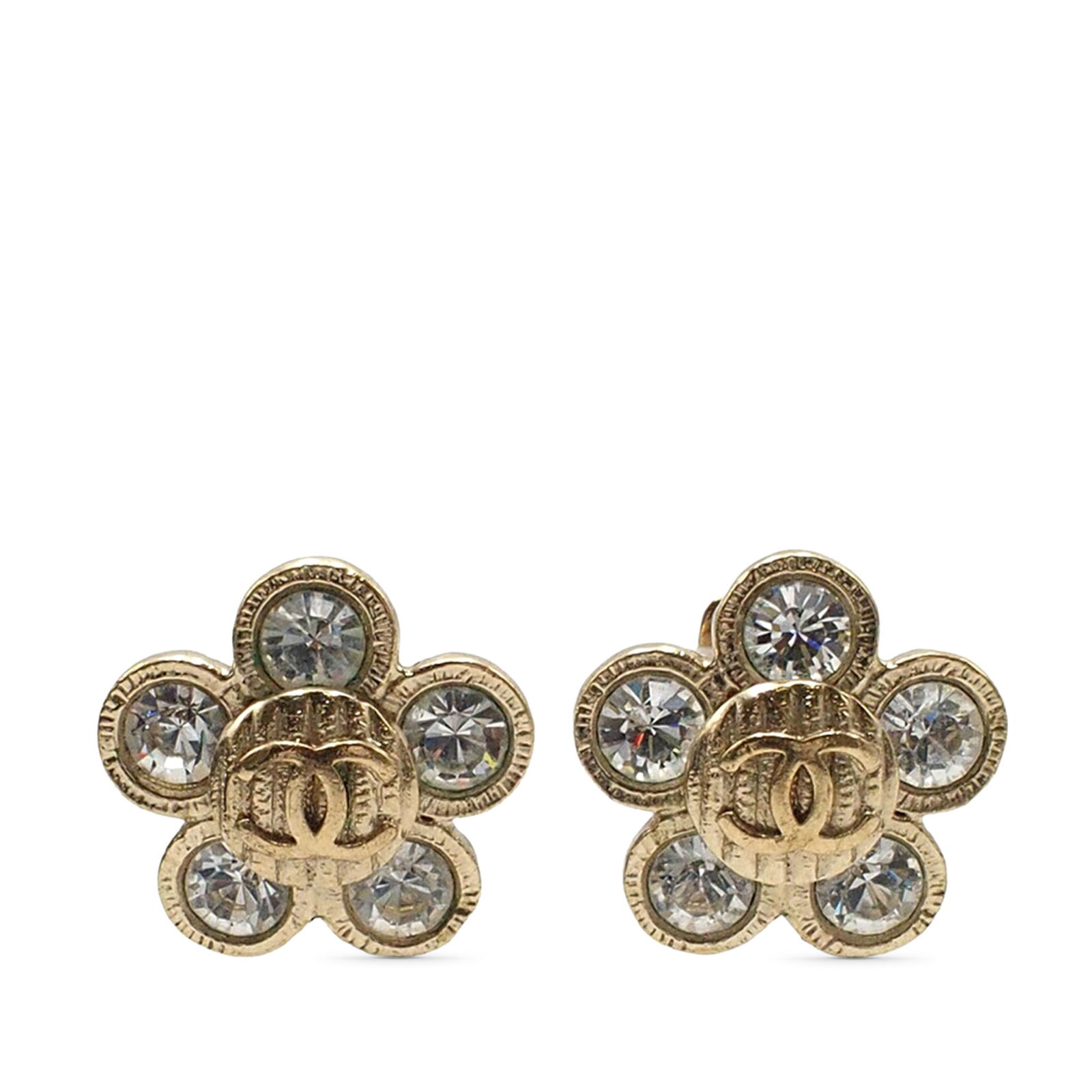 Rhinestone Flower Clip Earrings Chanel CC Gold Plated Costume Jewelry (1 of 6)