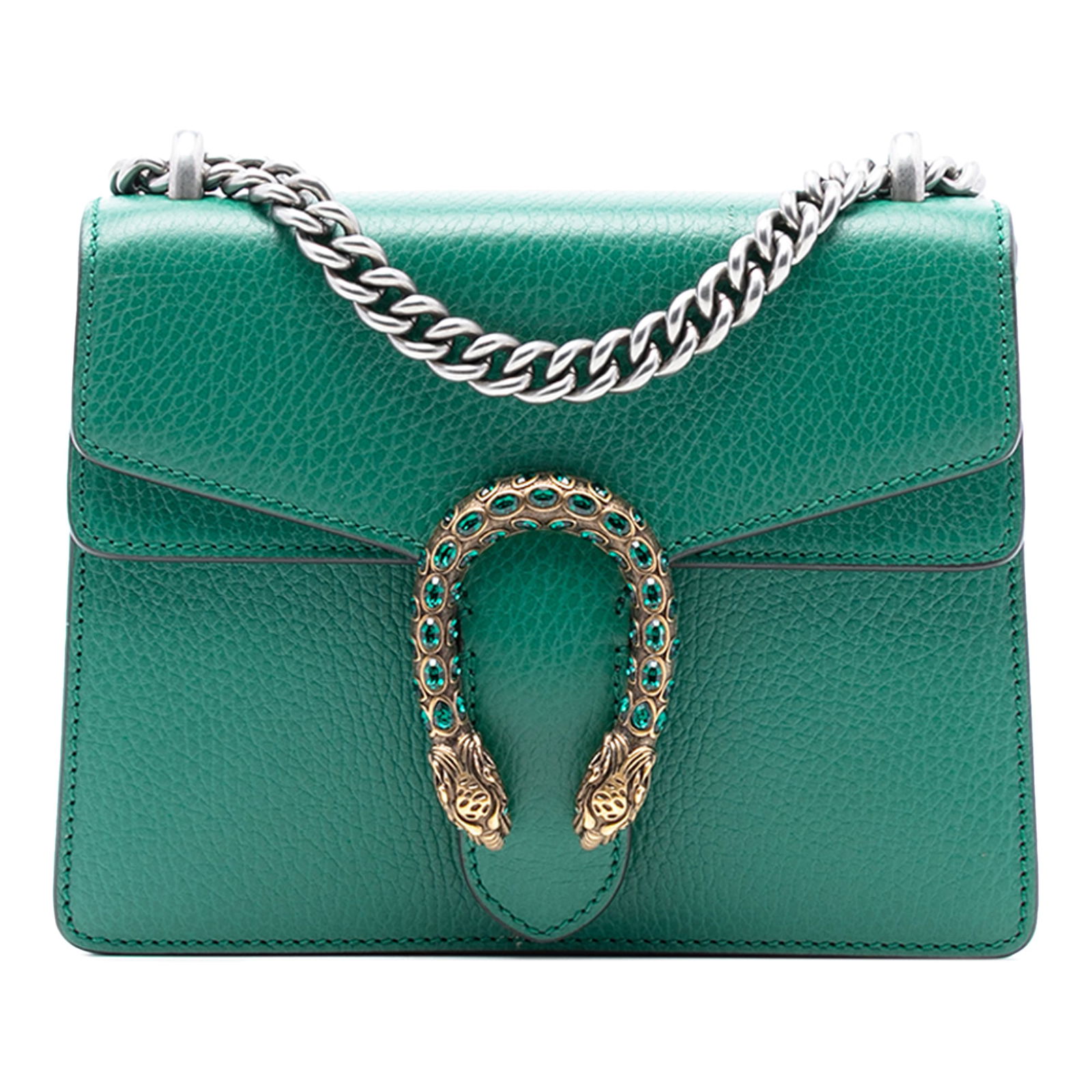 Gucci Dionysus Mini Green Leather Crossbody Bag with Silver Chain Strap: Gucci Dionysus Mini Green Leather Crossbody Bag with Silver Chain Strap This Mini Dionysus crossbody bag features a green leather body with a silver-toned curb chain link strap and a front flap with m