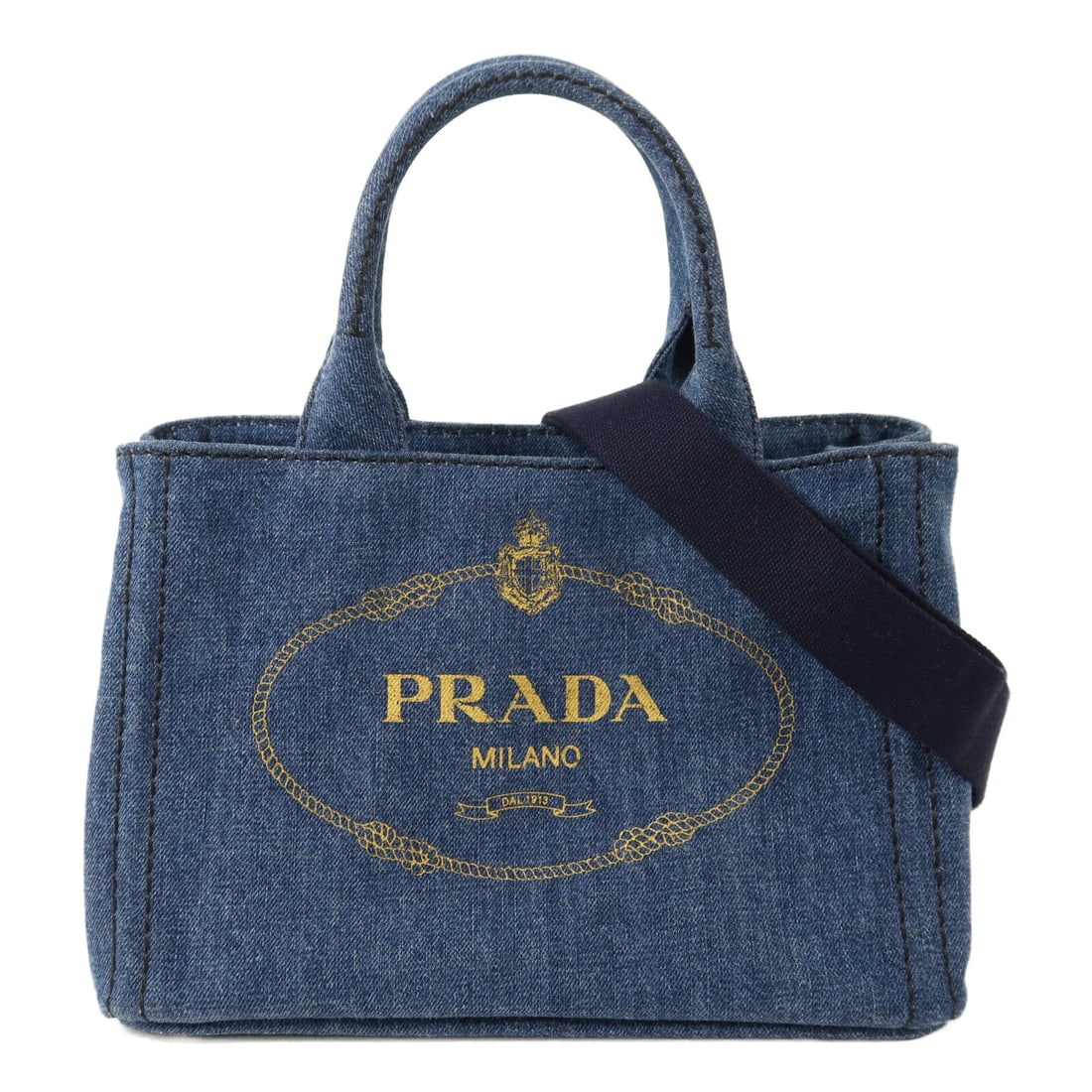 Prada Denim Blue 2way Shoulder Bag Model 1BG439 with Gold Hardware: Prada Denim Blue 2way Shoulder Bag Model 1BG439 with Gold Hardware This PRADA 2-way shoulder bag features a stylish blue denim exterior with gold tone hardware. Designed for versatility, it can be car