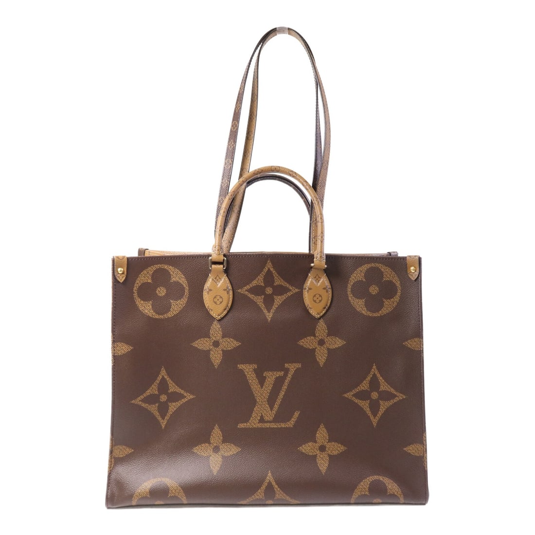 Louis Vuitton OnTheGo GM Monogram Giant Brown Canvas Tote with Gold Hardware: Louis Vuitton OnTheGo GM Monogram Giant Brown Canvas Tote with Gold Hardware This Louis Vuitton OnTheGo GM is a versatile 2-way shoulder tote bag crafted from durable PVC coated canvas in a Monogram G