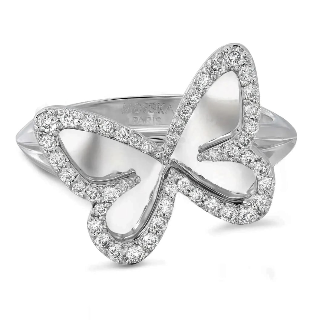 Messika 0.27Cttw Butterfly Diamond Ring 18K White Gold Signed Anniversary: Messika 0.27Cttw Butterfly Diamond Ring 18K White Gold Signed Anniversary Introducing the exquisite Messika Plaque Butterfly Diamond Ring, a stunning piece crafted in luxurious 18K white gold. This co