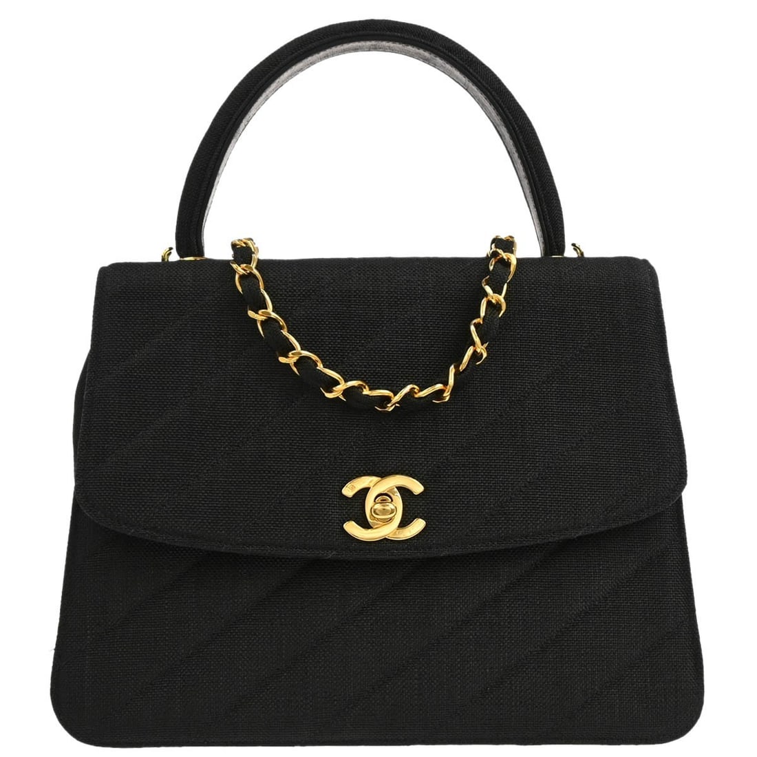 Chanel CC Logos Canvas Flap Shoulder and Top Handle Bag Black Gold Hardware: Chanel CC Logos Canvas Flap Shoulder and Top Handle Bag Black Gold Hardware This Chanel black linen top handle handbag features a versatile 2-way design, allowing it to be carried by hand or worn over