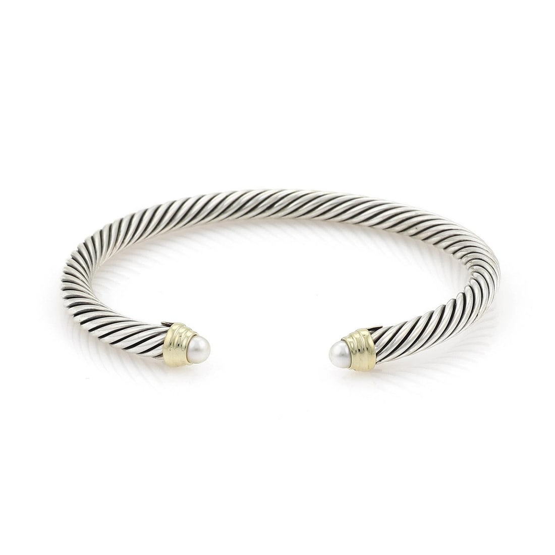 David Yurman Sterling Silver 14k Yellow Gold Pearl Cuff Bracelet: David Yurman Sterling Silver 14k Yellow Gold Pearl Cuff Bracelet This exquisite cuff bracelet by David Yurman showcases a sophisticated design, featuring a combination of sterling silver and 14k yello