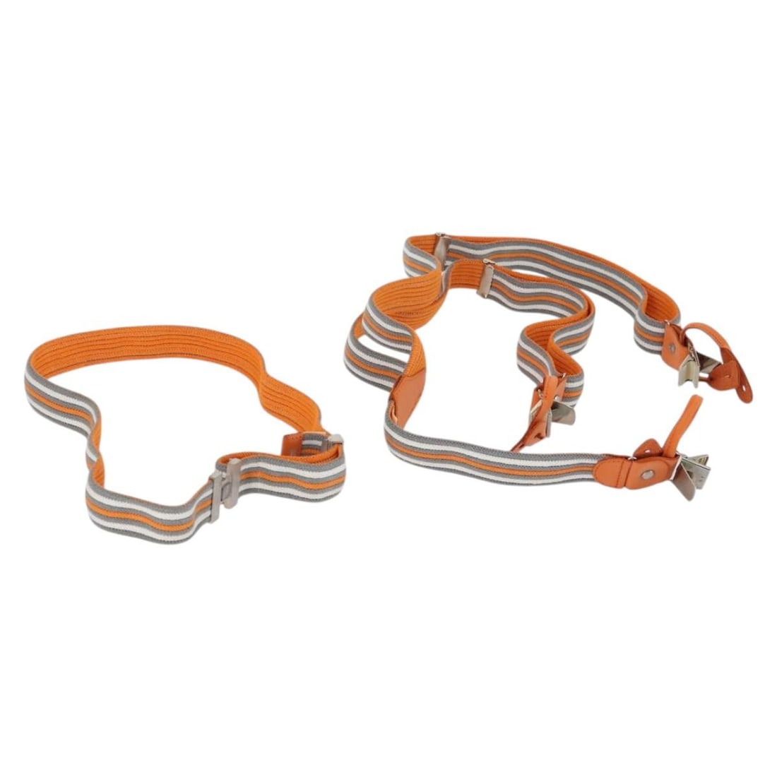 HERMES Orange Canvas Belt and Suspenders Set Authentic: HERMES Orange Canvas Belt and Suspenders Set Authentic This luxurious set of HERMES suspenders belts showcases a vibrant orange canvas exterior, expertly crafted in France. Designed for style and func