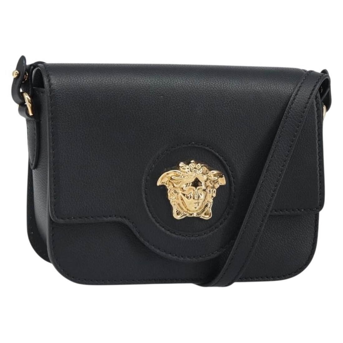 Versace Black Leather Gold Accent Shoulder Bag with Dust Bag: Versace Black Leather Gold Accent Shoulder Bag with Dust Bag This Versace shoulder bag features a sophisticated black and gold color scheme and is crafted from quality leather. Made in Italy, the bag