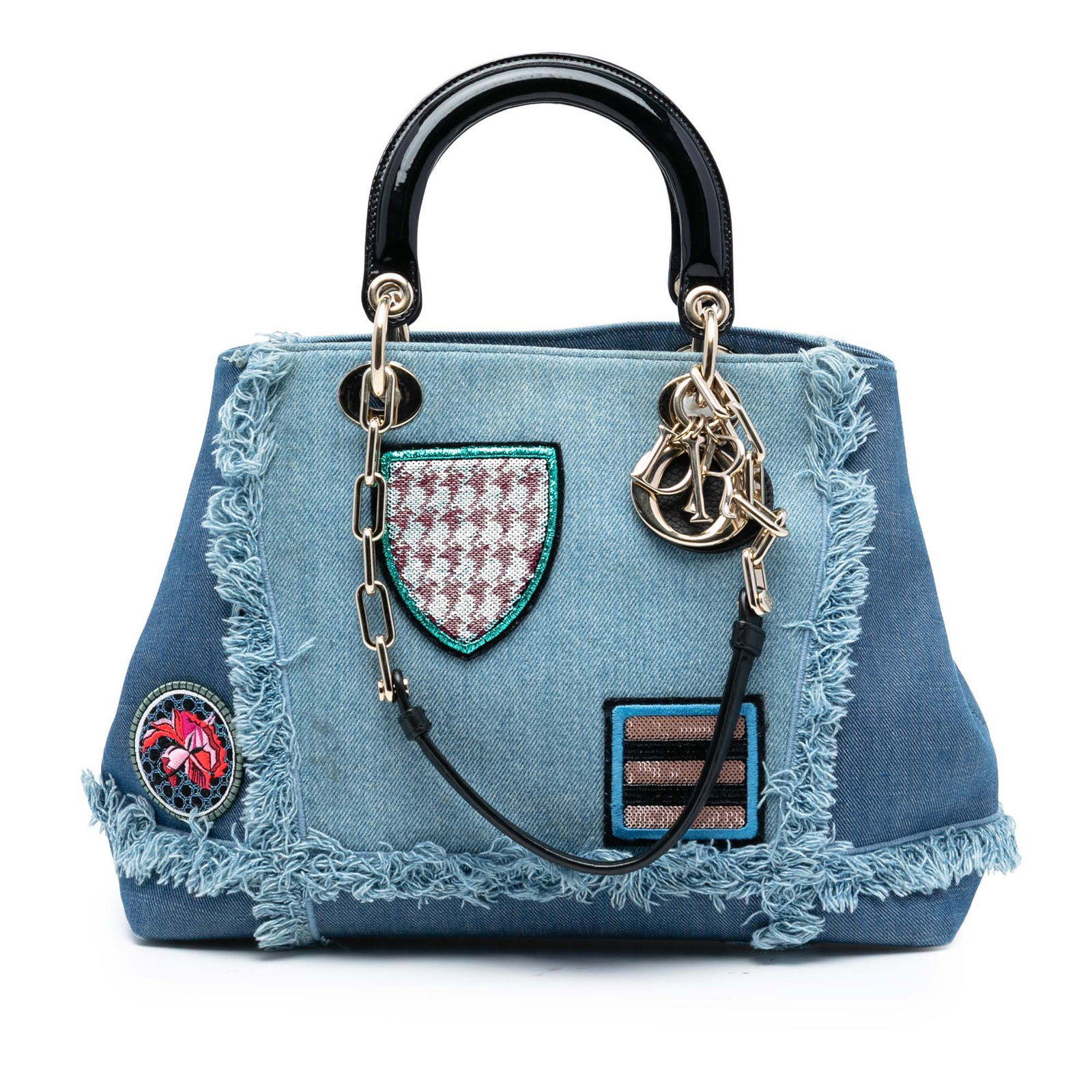 Dior D Light Satchel Blue Denim Patch Shoulder Bag: Dior D Light Satchel Blue Denim Patch Shoulder Bag This Dior Denim Patch D Light Satchel features a denim fabric body accented with rolled handles and chain-link shoulder straps. The bag offers a snap