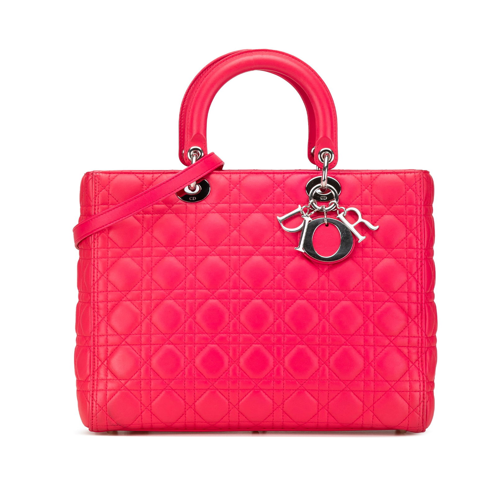 Dior Large Pink Lambskin Cannage Lady Dior Bag with Strap: Dior Large Pink Lambskin Cannage Lady Dior Bag with Strap This Large Lambskin Cannage Lady Dior bag showcases exquisite craftsmanship with its quilted lambskin leather body in a soft pink hue. It feat
