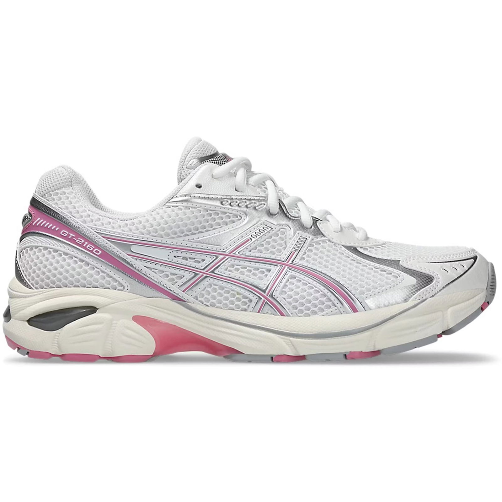 GT-2160 Retro Running Shoes in White and Sweet Pink: GT-2160 Retro Running Shoes in White and Sweet Pink The Asics GT-2160 White Sweet Pink sneaker features a vintage-inspired design, combining a sleek and wavy retro aesthetic with modern comfort. Suita