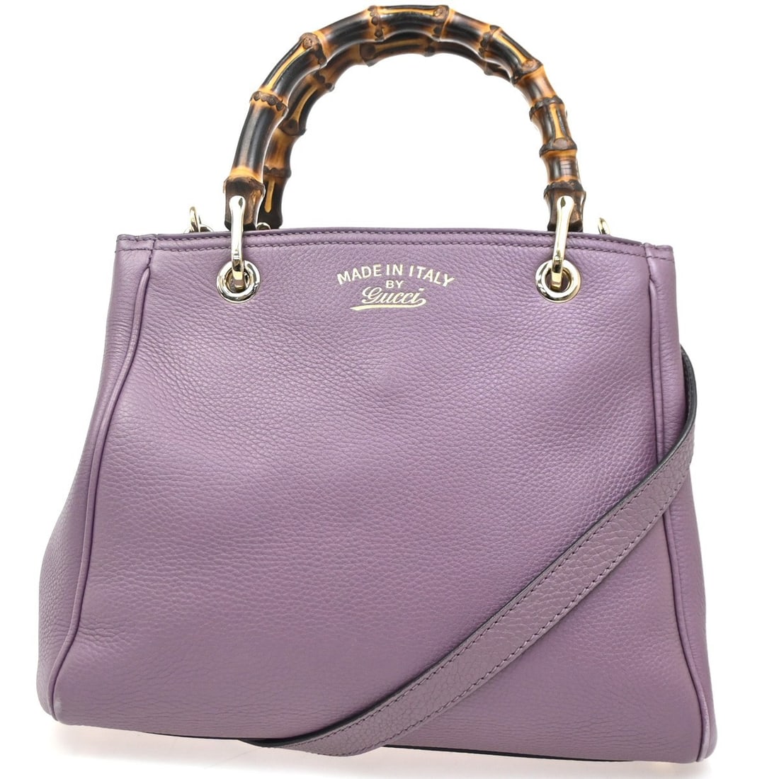 Purple Leather Bamboo Shopper Tote by Gucci Italy 28cm: Purple Leather Bamboo Shopper Tote by Gucci Italy 28cm This Gucci Bamboo Shopper Tote is crafted from purple leather and features the iconic bamboo handles. Designed for women, this Italian-made handb