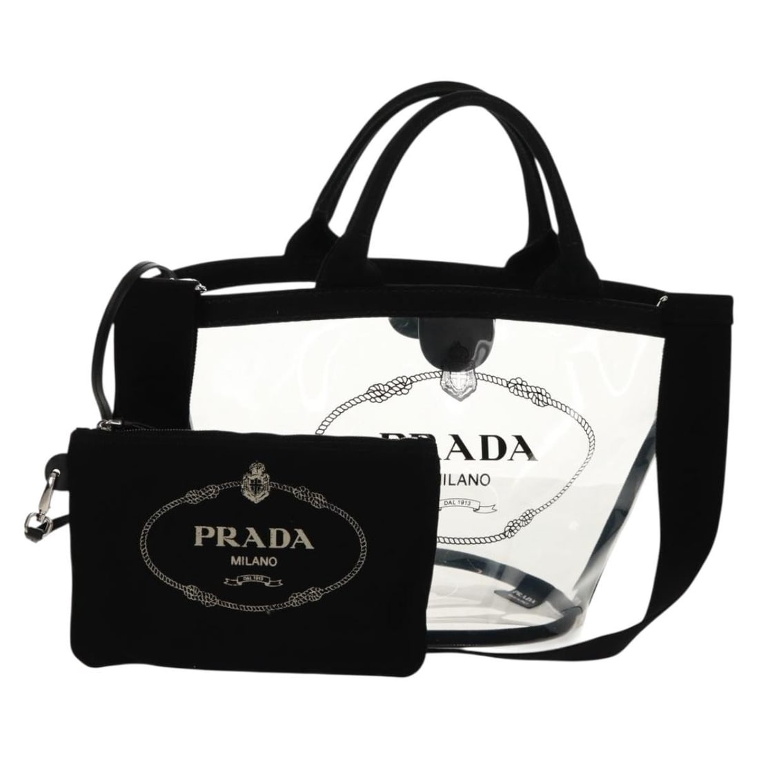 Clear and Silver Vinyl PRADA Two Way Handbag with Shoulder Strap and Dust Bag: Clear and Silver Vinyl PRADA Two Way Handbag with Shoulder Strap and Dust Bag This PRADA handbag features a clear and silver vinyl exterior, offering a modern and stylish look. Designed for versatilit