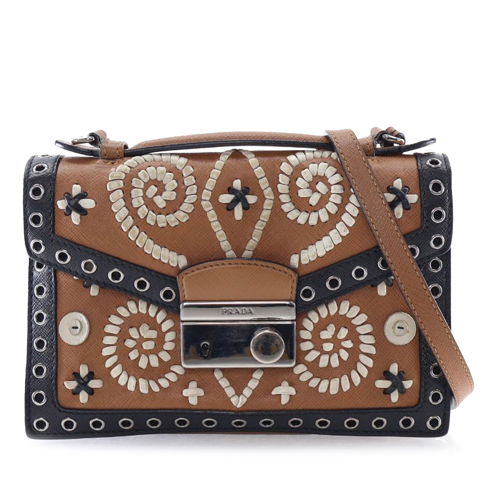 Prada Saffiano Leather Pattina Satchel with Embroidered Design: Prada Saffiano Leather Pattina Satchel with Embroidered Design This satchel features an embroidered Saffiano leather body, a flat leather handle, and a detachable flat leather strap. It is designed wi