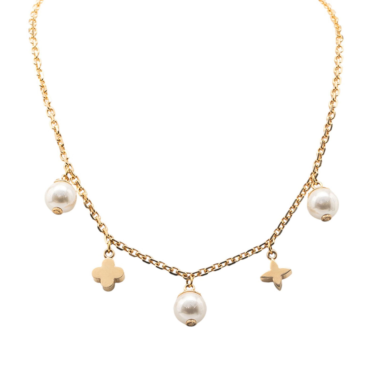 Louis Vuitton Gold Plated Charmy Pearl Pendant Necklace: Louis Vuitton Gold Plated Charmy Pearl Pendant Necklace This exquisite Louis Vuitton Gold Plated Charmy Pearl Necklace showcases a luxurious gold-plated metal body complemented by a stylish gold-tone