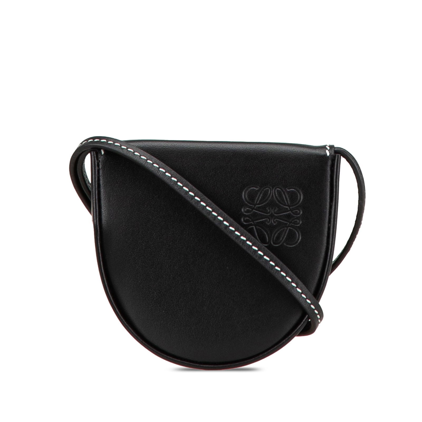 LOEWE Mini Soft Calfskin Heel Pouch Black Leather Bag: LOEWE Mini Soft Calfskin Heel Pouch Black Leather Bag The LOEWE Mini Soft Calfskin Heel Pouch is a stylish accessory crafted from premium calf leather, featuring a sleek and compact design. It include