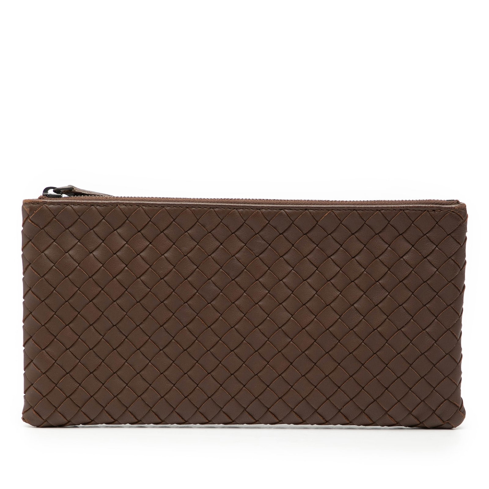 Bottega Veneta Leather Woven Top Zip Brown Pouch Nappa Intrecciato: Bottega Veneta Leather Woven Top Zip Brown Pouch Nappa Intrecciato This Bottega Veneta Nappa Intrecciato Zip Pouch features the brand's signature woven leather design in brown and a top zip closure. T