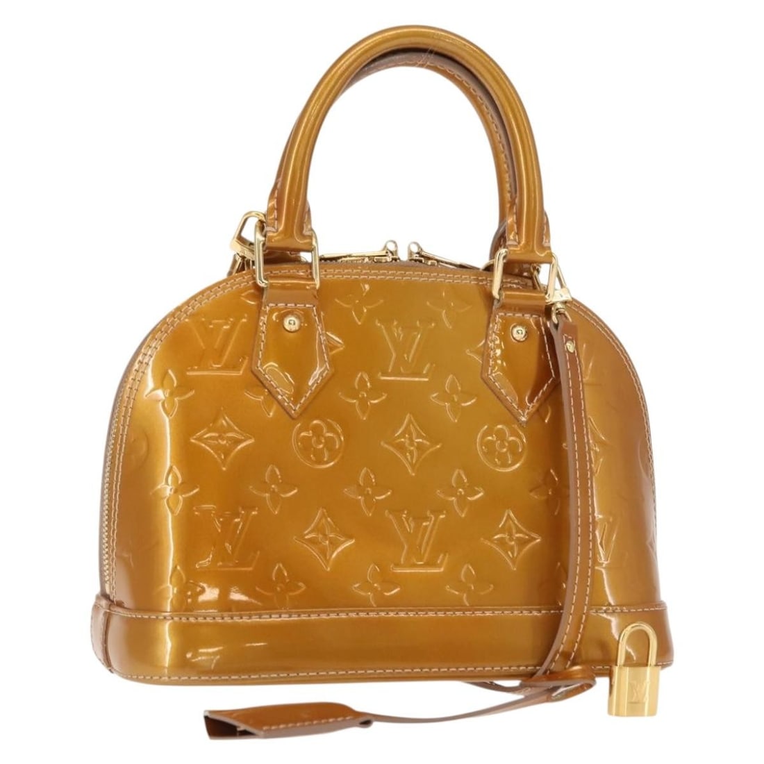 Louis Vuitton Alma Patent Leather Handbag Gold 23cm: Louis Vuitton Alma Patent Leather Handbag Gold 23cm This Louis Vuitton Alma handbag features the iconic Monogram Vernis patent leather in a gold color. Designed for women, it offers a stylish and eleg