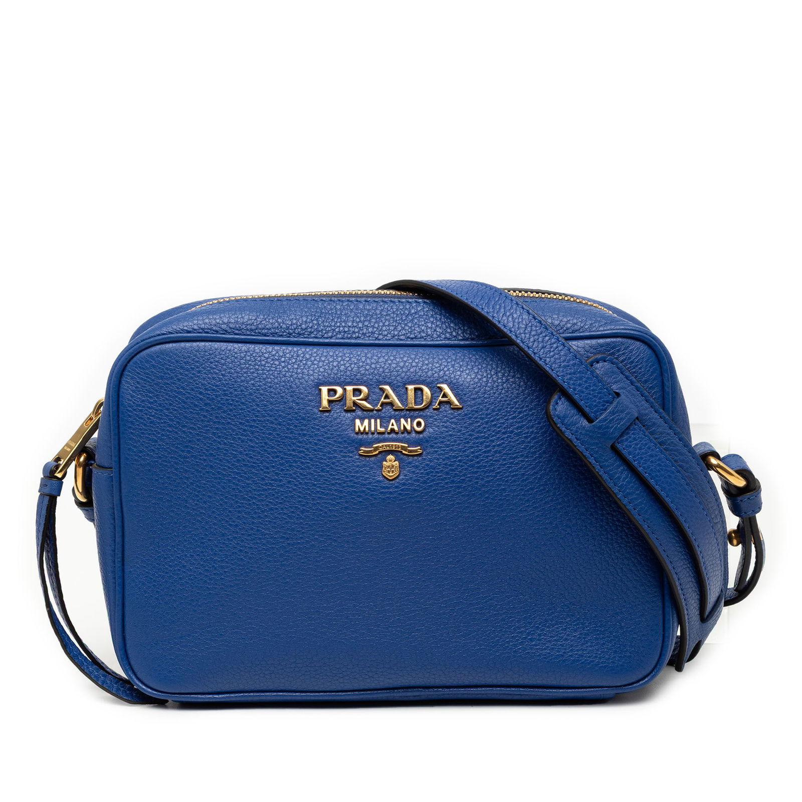 Blue Leather Crossbody by Prada Vitello Daino with Adjustable Strap: Blue Leather Crossbody by Prada Vitello Daino with Adjustable Strap This Prada Vitello Daino Camera Bag is crafted from blue leather and features an adjustable flat strap, a top zip closure, and an in
