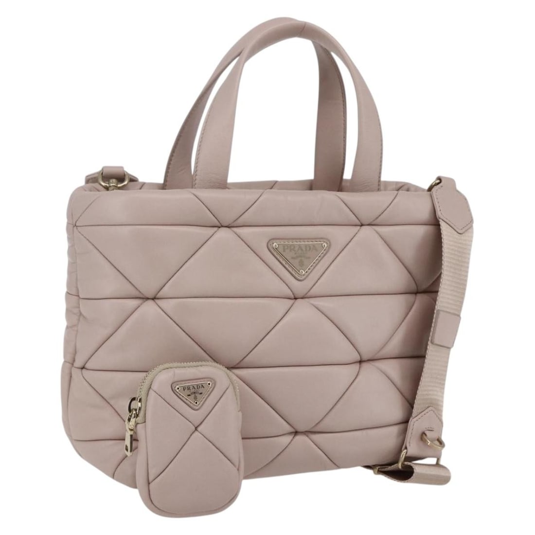 Pink and Gold Leather Prada 2way Handbag with Accessories: Pink and Gold Leather Prada 2way Handbag with Accessories This Prada handbag features a two-way design crafted from pink leather with gold-tone accents. It offers a versatile carrying experience with