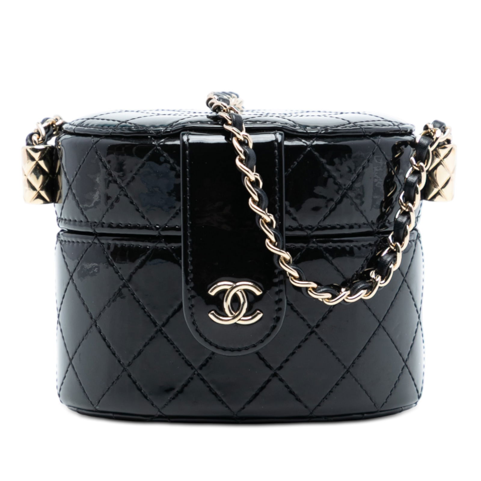 Chanel Vanity Case Black Patent Quilted Leather with Chain Strap: Chanel Vanity Case Black Patent Quilted Leather with Chain Strap This Chanel CC Quilted Patent Vanity Case features a quilted black patent leather body, a leather-woven chain strap, a zip-around top c