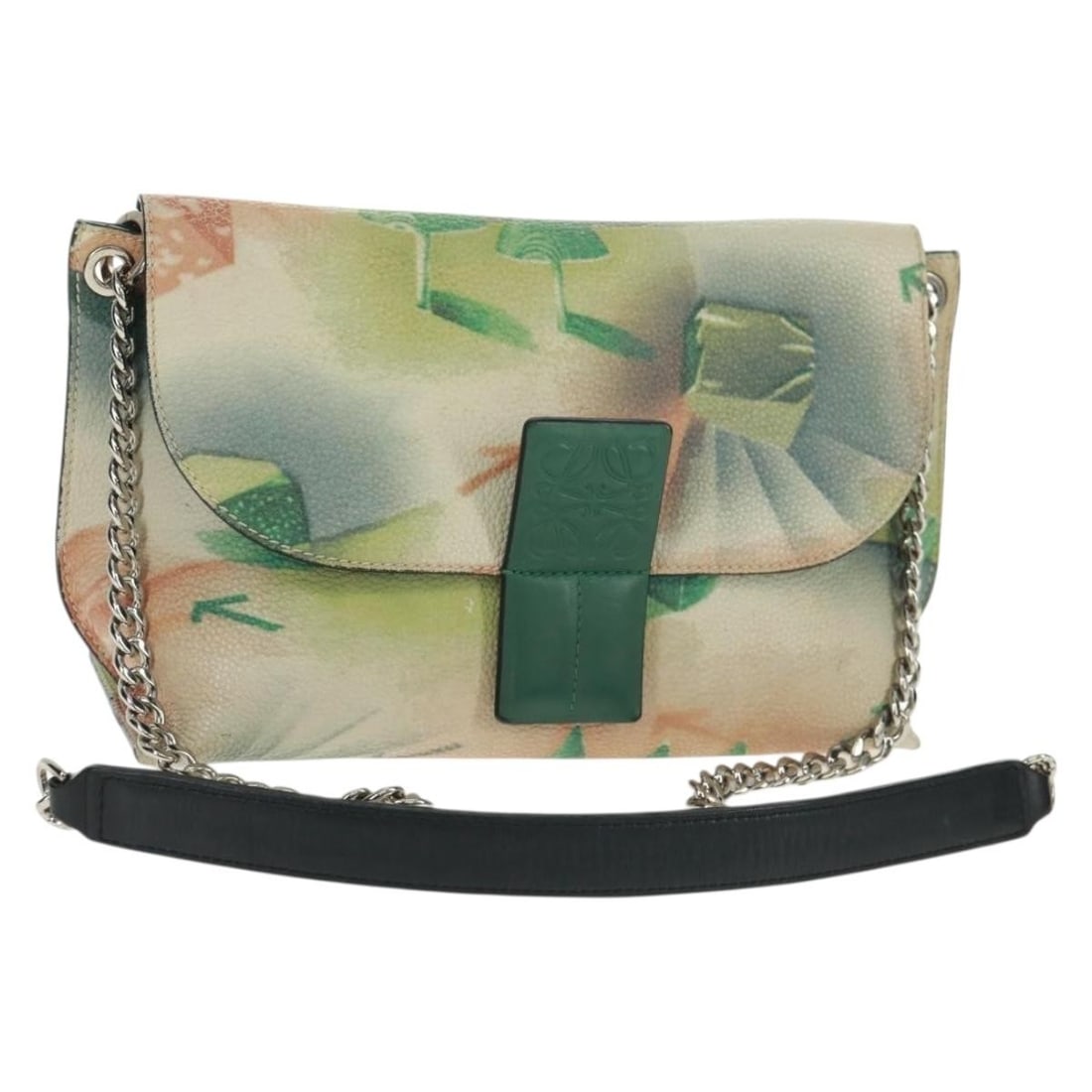 Loewe Avenue Green Leather Shoulder Bag with Silver Chain and Dust Bag: Loewe Avenue Green Leather Shoulder Bag with Silver Chain and Dust Bag This LOEWE Chain Avenue shoulder bag features a green and silver leather exterior and includes a chain strap. The bag comes with