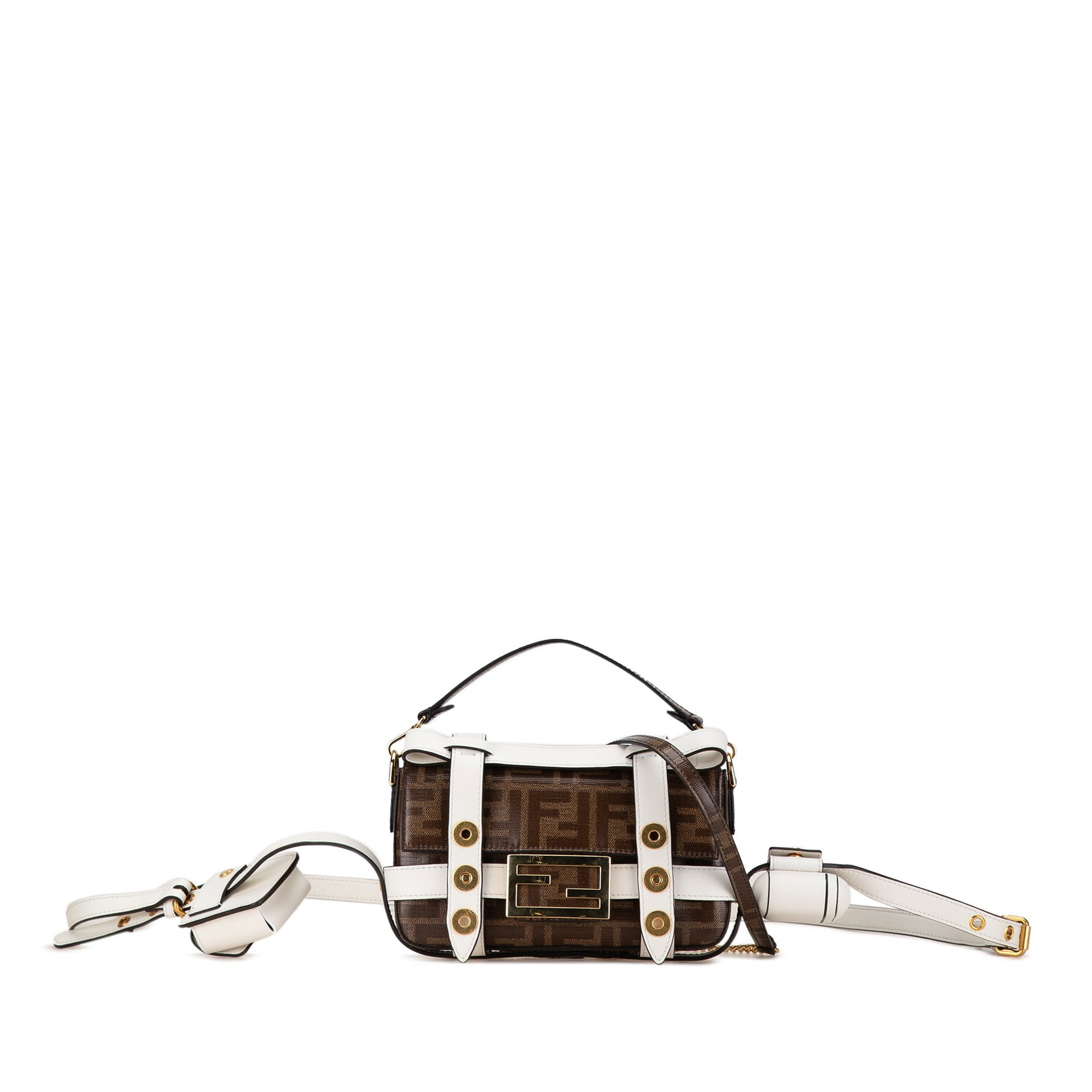 Fendi Mini Zucca Baguette Satchel Brown Fabric Cage with Straps: Fendi Mini Zucca Baguette Satchel Brown Fabric Cage with Straps This Fendi Mini Zucca Glazed Fabric Cage Baguette Satchel is a stylish accessory designed for versatility and elegance. Crafted from coa