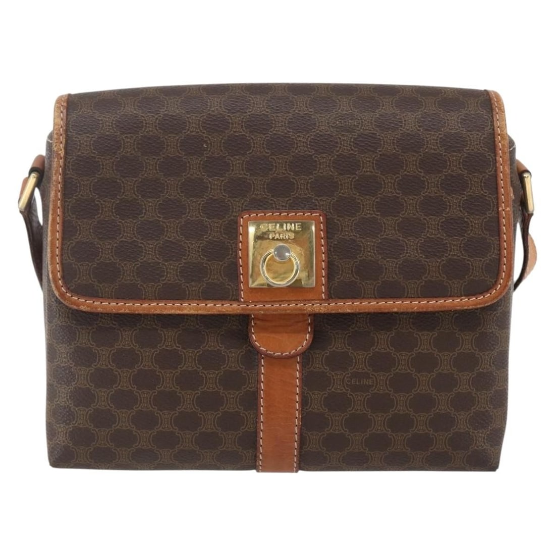 Celine Macadam Brown Canvas and Leather Vintage Shoulder Bag: Celine Macadam Brown Canvas and Leather Vintage Shoulder Bag This Celine Vintage Macadam shoulder bag is crafted from canvas with leather accents in a brown colorway. Designed for women, it features t