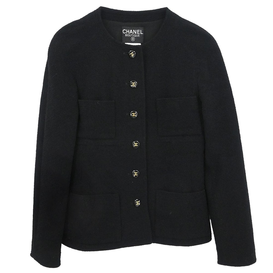 Black Collarless Wool Jacket by Chanel 95P Size 36: Black Collarless Wool Jacket by Chanel 95P Size 36 This vintage Chanel single-breasted jacket features a collarless design in classic black. Crafted from a blend of 95% wool and 5% nylon, the mid-leng