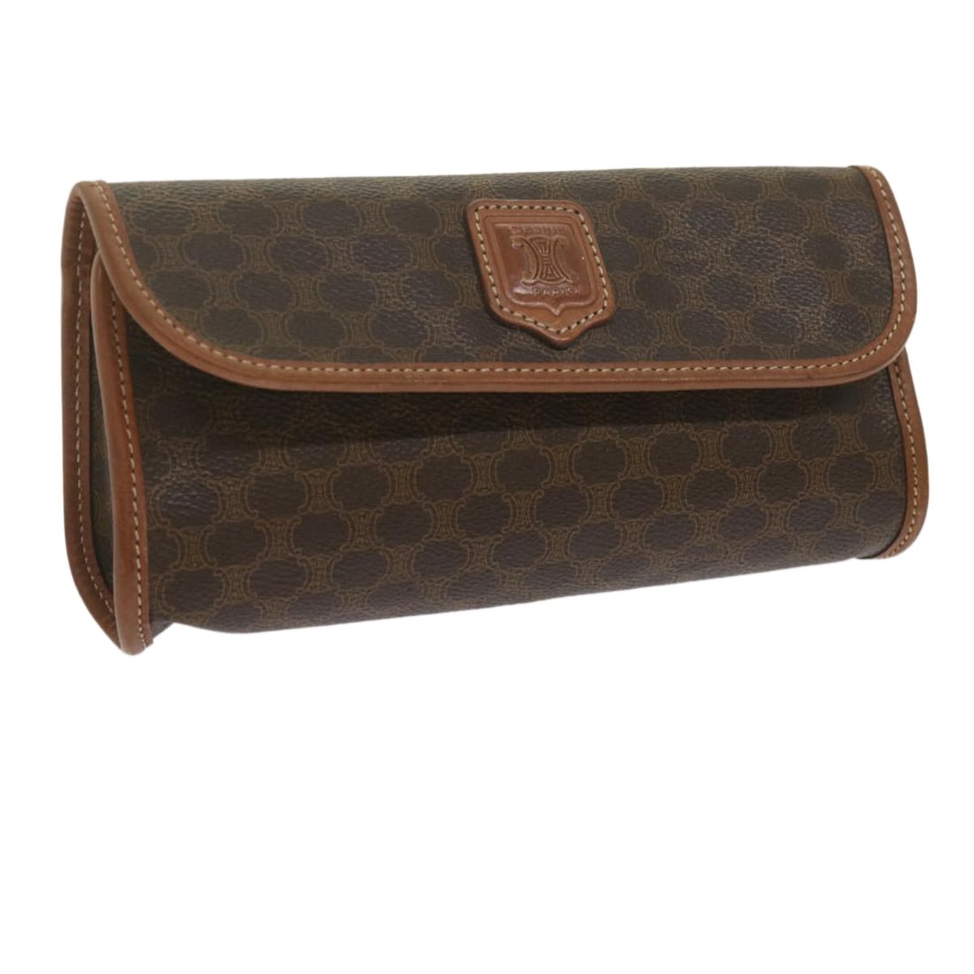 Celine Macadam Small Brown Canvas and Leather Pochette: Celine Macadam Small Brown Canvas and Leather Pochette The Celine Macadam Pochette is a women's accessory crafted from brown canvas with leather details. This compact pouch features slight wear includ