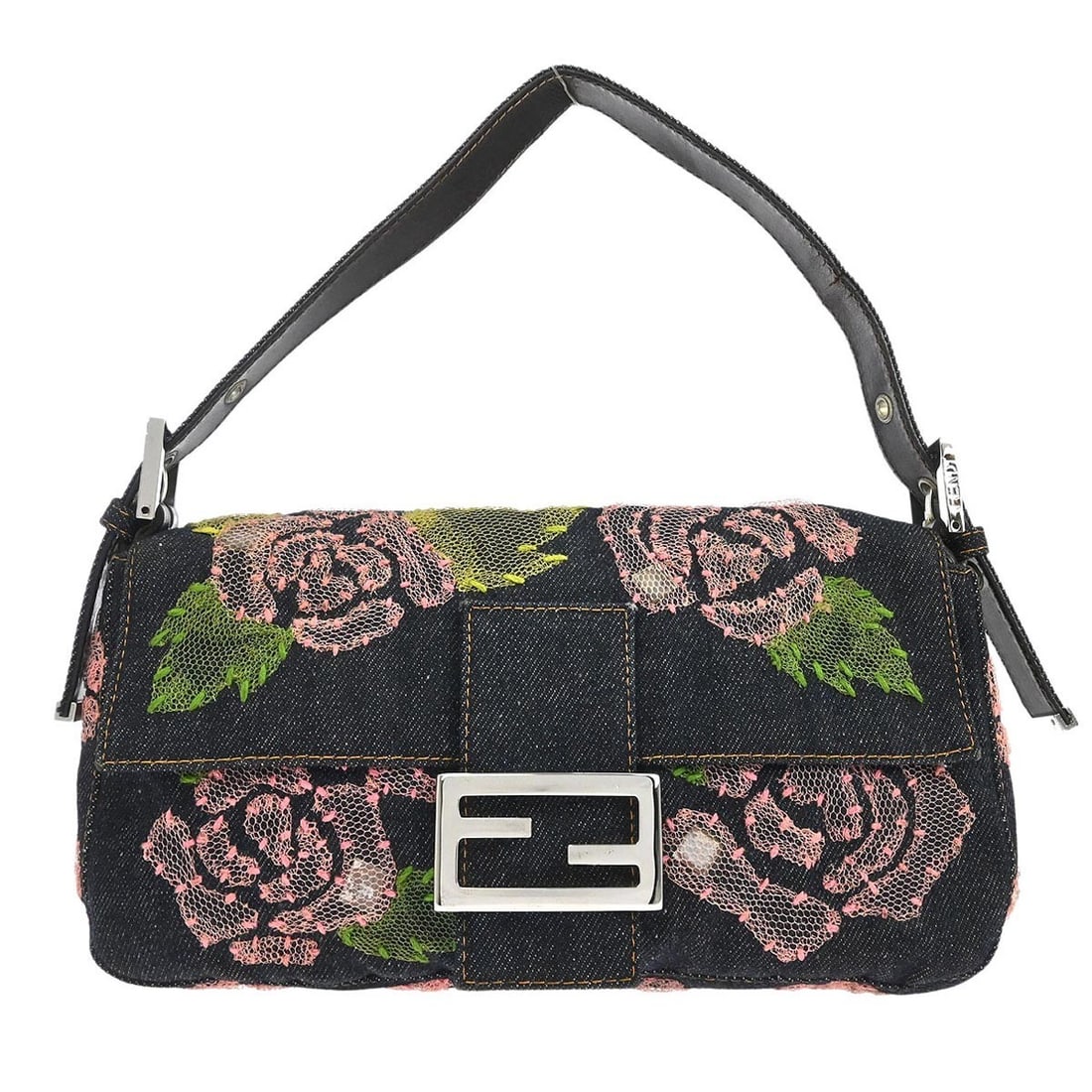 Fendi Baguette Navy Denim Handbag with Floral Accent and Silver Hardware: Fendi Baguette Navy Denim Handbag with Floral Accent and Silver Hardware This Fendi Baguette handbag features a navy denim exterior with floral accents and the iconic Fendi logo. It is designed with a