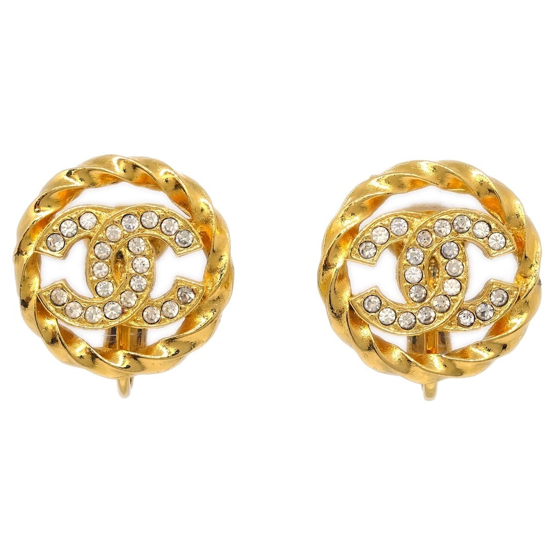 Chanel Gold-Plated Clip-On Round Button Earrings with Rhinestones: Chanel Gold-Plated Clip-On Round Button Earrings with Rhinestones Elevate your accessory collection with these exquisite Chanel Gold Button Earrings. Designed in a round shape, these clip-on earrings