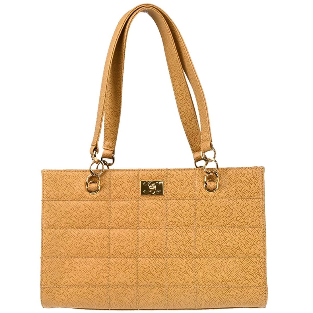 Chanel Beige Caviar Choco Bar Tote Handbag with Double Handles: Chanel Beige Caviar Choco Bar Tote Handbag with Double Handles This Chanel Choco Bar Tote Handbag is crafted from luxurious beige caviar skin, offering both elegance and durability. With a medium size