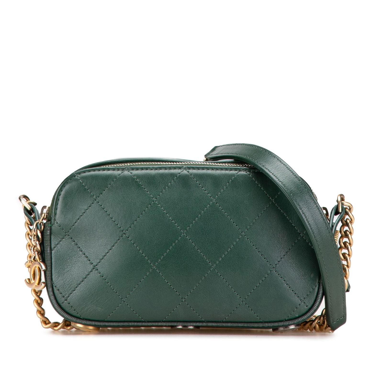 Chanel Green Leather Double Zip Camera Bag with Chain Strap: Chanel Green Leather Double Zip Camera Bag with Chain Strap This Chanel camera bag features a stitched calfskin leather and grosgrain body in green, complemented by a flat leather and chain shoulder s