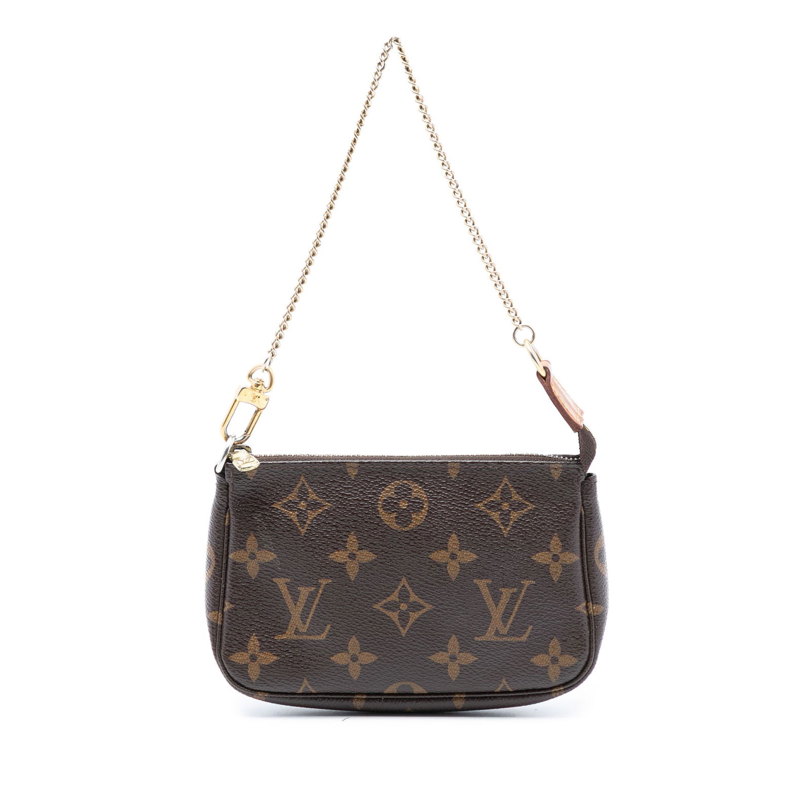 Louis Vuitton Mini Pochette Accessoires Monogram Canvas Bag with Chain Strap: Louis Vuitton Mini Pochette Accessoires Monogram Canvas Bag with Chain Strap This Louis Vuitton Monogram Mini Pochette Accessoires features a brown monogram canvas body and a gold-tone chain link stra