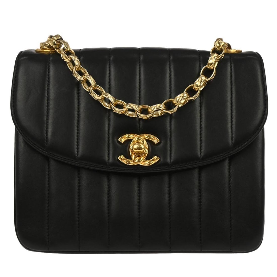 Chanel Mademoiselle Small Black Quilted Lambskin Chain Strap Shoulder Bag: Chanel Mademoiselle Small Black Quilted Lambskin Chain Strap Shoulder Bag This Chanel Mademoiselle shoulder bag is crafted from black lambskin leather and features a quilted design with a flap turnloc