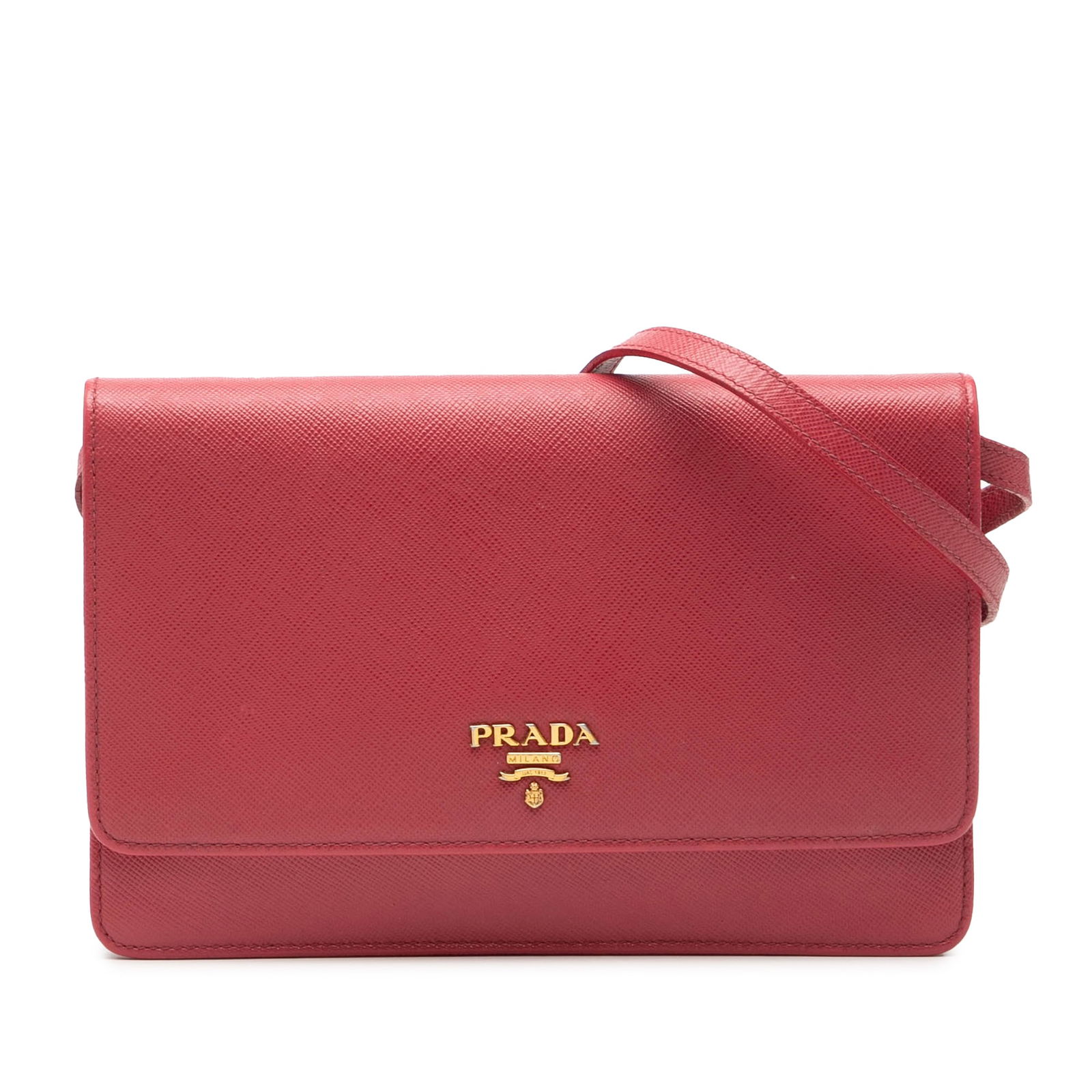 Prada Red Saffiano Leather Crossbody Wallet with Strap: Prada Red Saffiano Leather Crossbody Wallet with Strap This Prada Saffiano Wallet on Strap is crafted from red saffiano leather and features a flat leather shoulder strap, a front flap with snap closu