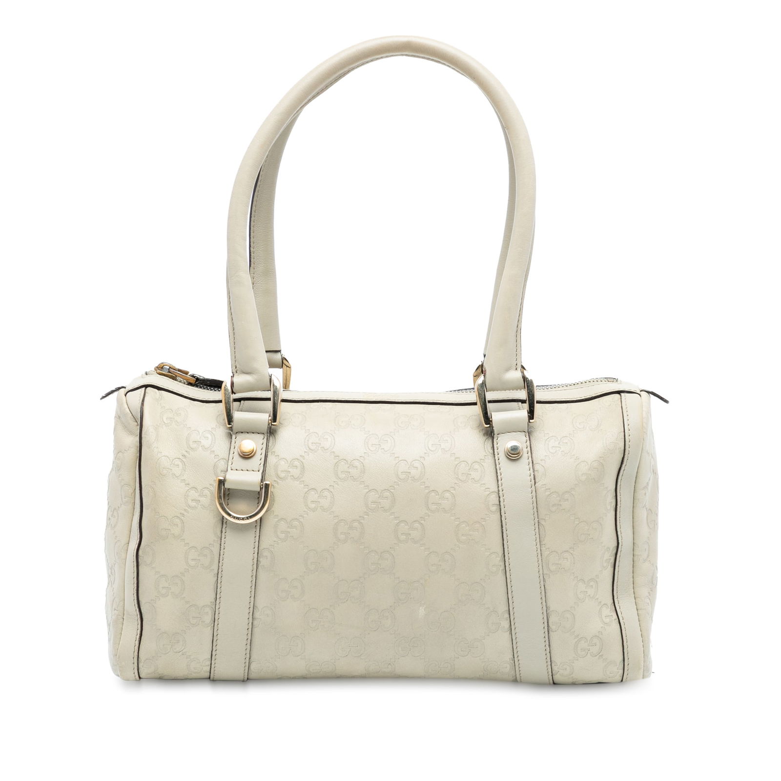 Gucci Abbey D Ring Boston Handbag in White Leather: Gucci Abbey D Ring Boston Handbag in White Leather The Abbey Boston Bag from the Guccissima collection features a white leather body with rolled leather handles, a top zip closure, and interior zip an
