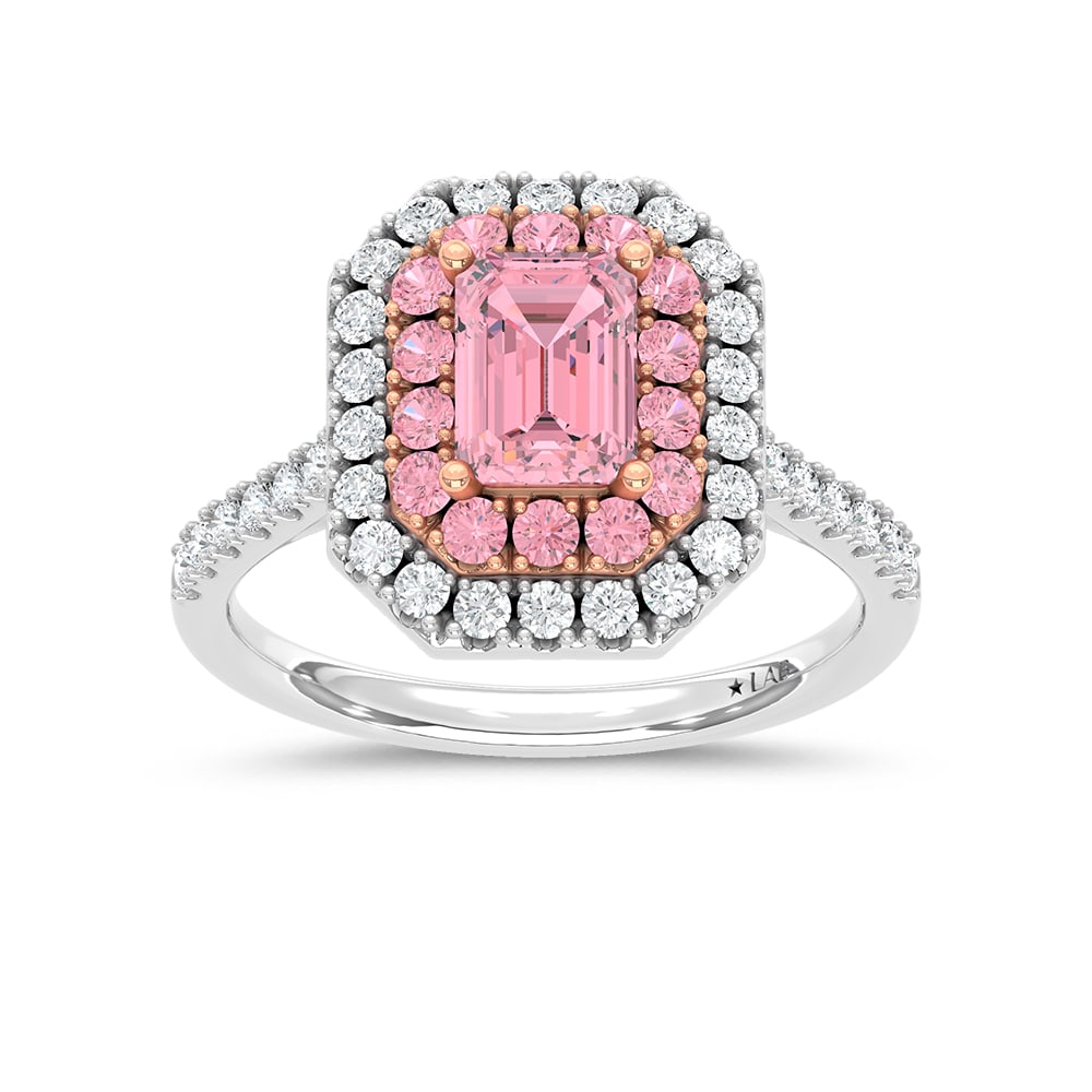 14K Two Tone Lab Grown Diamond 1 7/8 Ct.Tw. Pink Emerald Engagement Ring (Center 1ct): 14K Two Tone Lab Grown Diamond 1 7/8 Ct.Tw. Pink Emerald Engagement Ring (Center 1ct) Exude sophistication with this 14K Two-Tone Gold Engagement Ring, featuring a 1-carat lab-grown pink diamond at it