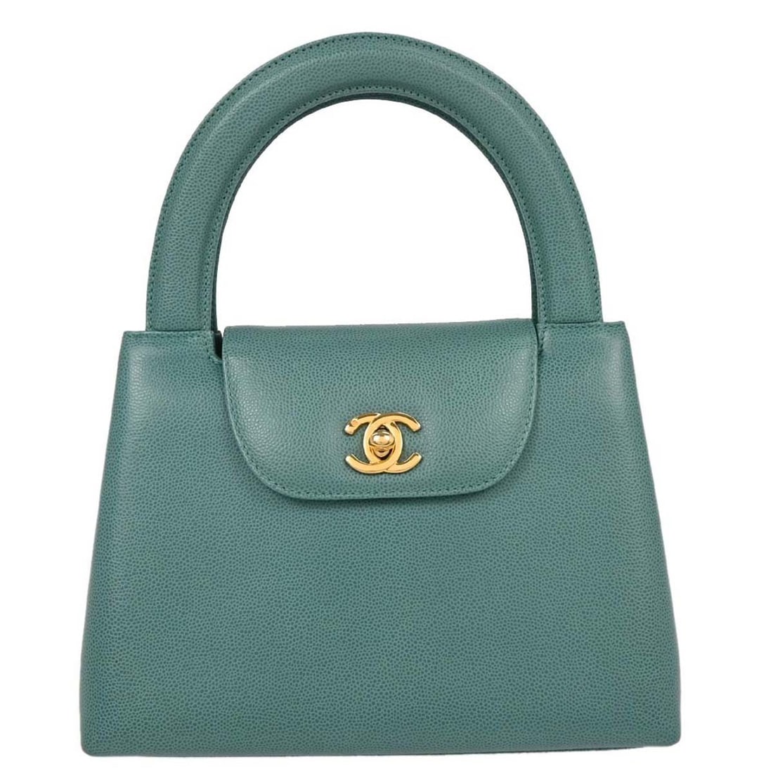 Chanel Green Leather Mini Top Handle Handbag: Chanel Green Leather Mini Top Handle Handbag This chic Chanel mini handbag is crafted from luxurious green calfskin leather, making it a stylish accessory for casual occasions. The bag features a zip