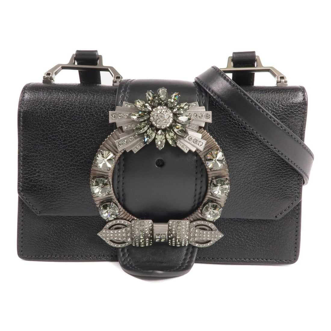 Miu Miu Black Goatskin Leather Shoulder Bag 5BH609 SHW: Miu Miu Black Goatskin Leather Shoulder Bag 5BH609 SHW This stylish Miu Miu shoulder bag is crafted from luxurious black goatskin leather, offering a blend of elegance and functionality. With reasonab