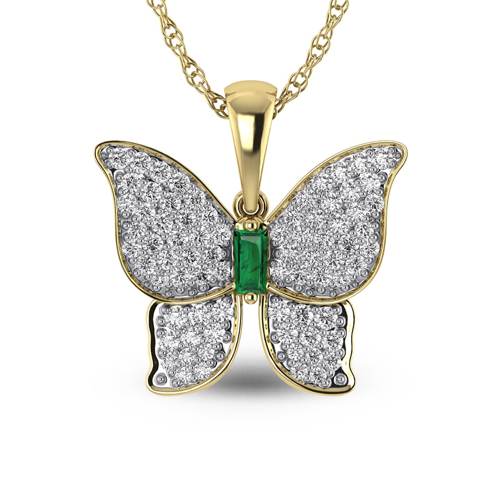 14K Yellow Gold Diamond 3/4 Ct.Tw. & Emerald Butterfly Pendant: 14K Yellow Gold Diamond 3/4 Ct.Tw. & Emerald Butterfly Pendant 14k Yellow Gold Stone Color: G-h Stone Clarity: Si2 Unless otherwise specified, pendants that include a chain are paired with our standar