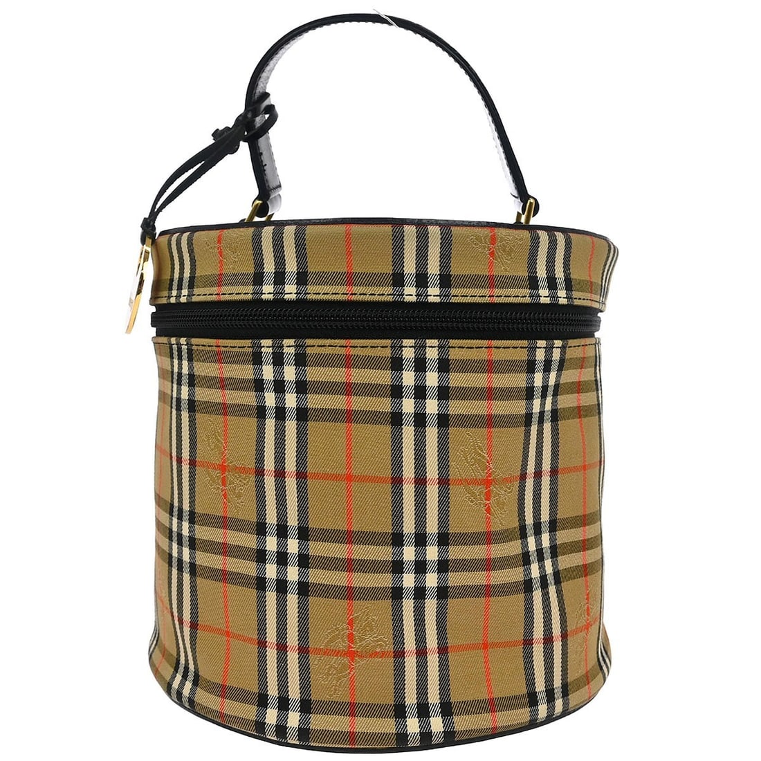 Burberry Beige Black House Check Top Handle Bag with Gold Hardware: Burberry Beige Black House Check Top Handle Bag with Gold Hardware This stylish Burberrys House Check Vanity Handbag features a chic blend of beige and black hues, making it perfect for casual occasio