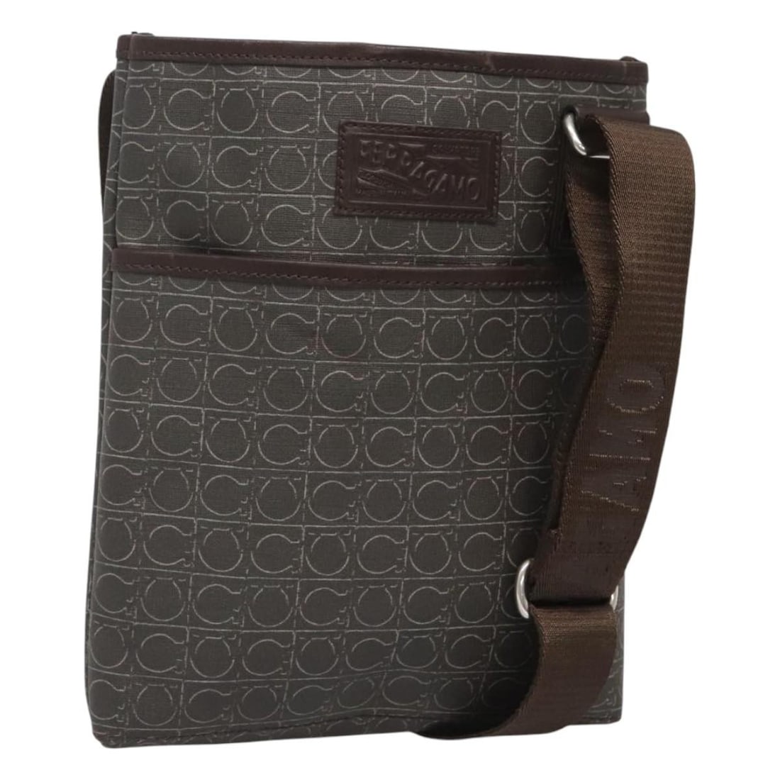 Salvatore Ferragamo Brown Canvas Gancini Shoulder Purse: Salvatore Ferragamo Brown Canvas Gancini Shoulder Purse This Salvatore Ferragamo Gancini shoulder bag for women features a brown canvas exterior with leather accents and metal fittings. The bag has vi