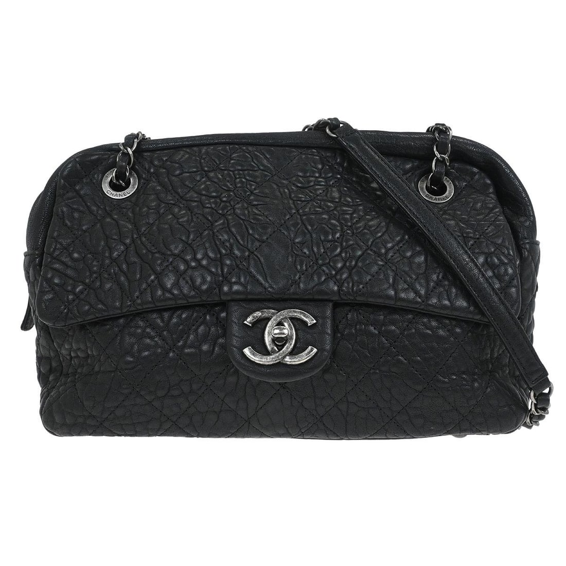Black Leather Medium Shoulder Bag with Logo Accent by Chanel: Black Leather Medium Shoulder Bag with Logo Accent by Chanel This Chanel shoulder bag features black calfskin leather with a zip closure and logo accents. Designed for casual occasions, it has a mediu