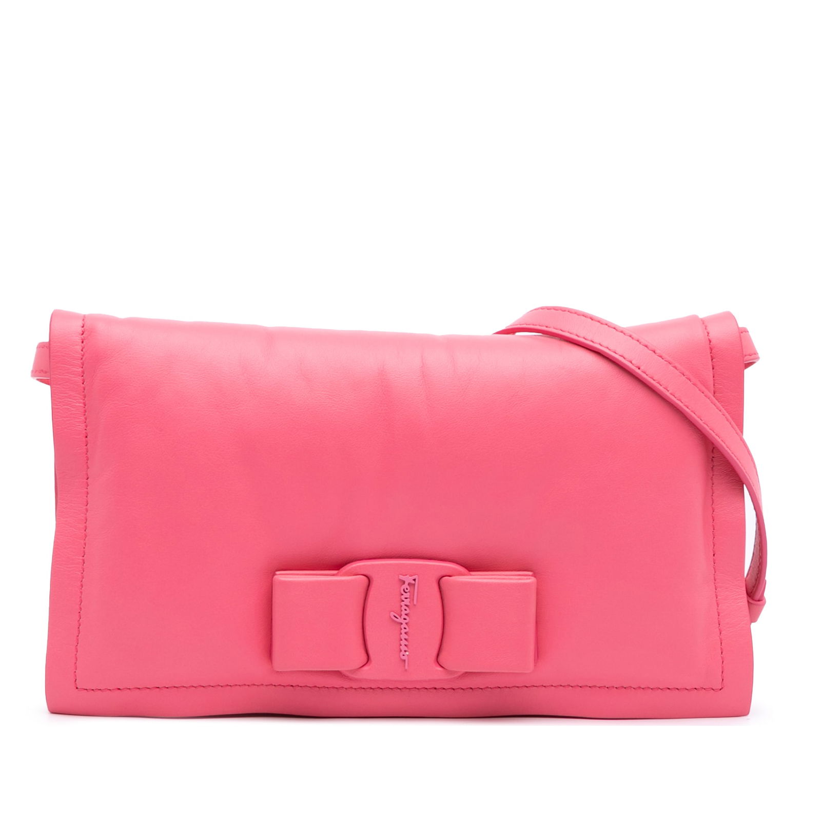 Ferragamo Pink Mini Padded Leather Viva Bow Crossbody Bag: Ferragamo Pink Mini Padded Leather Viva Bow Crossbody Bag Introducing the Ferragamo Mini Padded Leather Viva Bow Crossbody, a stylish and functional accessory crafted from premium leather. This eye-ca