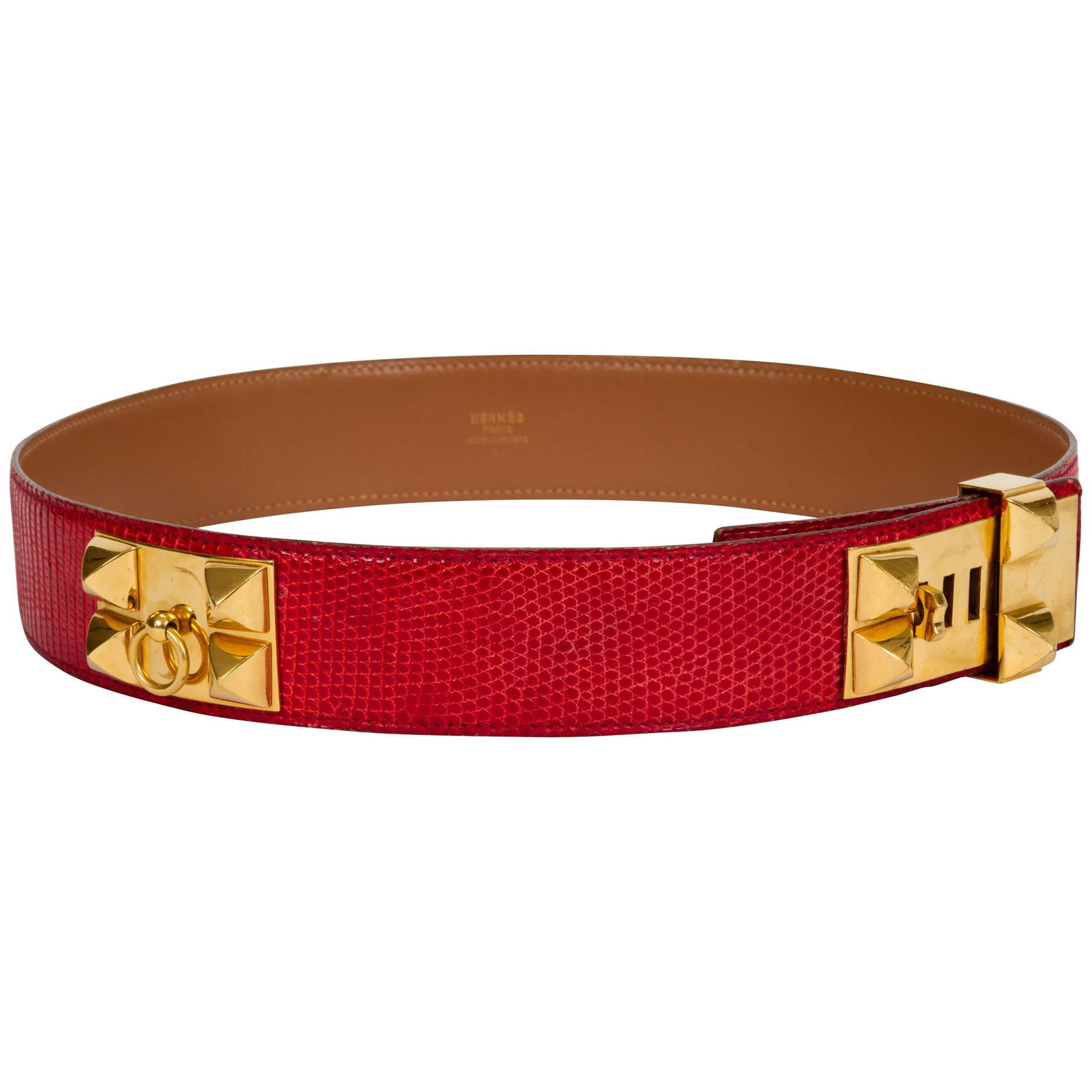 Hermes Red Lizard Collier De Chien Belt 1995 with Gold Accents: Hermes Red Lizard Collier De Chien Belt 1995 with Gold Accents This exquisite Hermes Collier De Chien belt features a striking red lizard skin design, complemented by gold rhodium metal accents. Craft