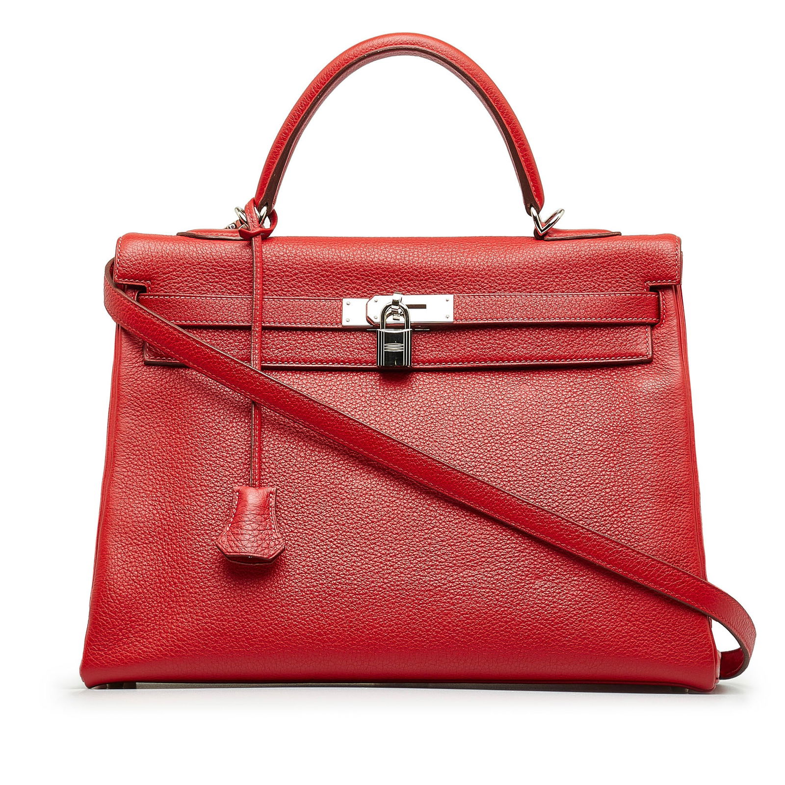Hermes Kelly 35 Togo Leather Bag Red with Shoulder Strap: Hermes Kelly 35 Togo Leather Bag Red with Shoulder Strap Introducing the iconic Hermes Kelly 35, crafted from luxurious Togo leather in a striking red hue. This elegant bag features a rolled leather t