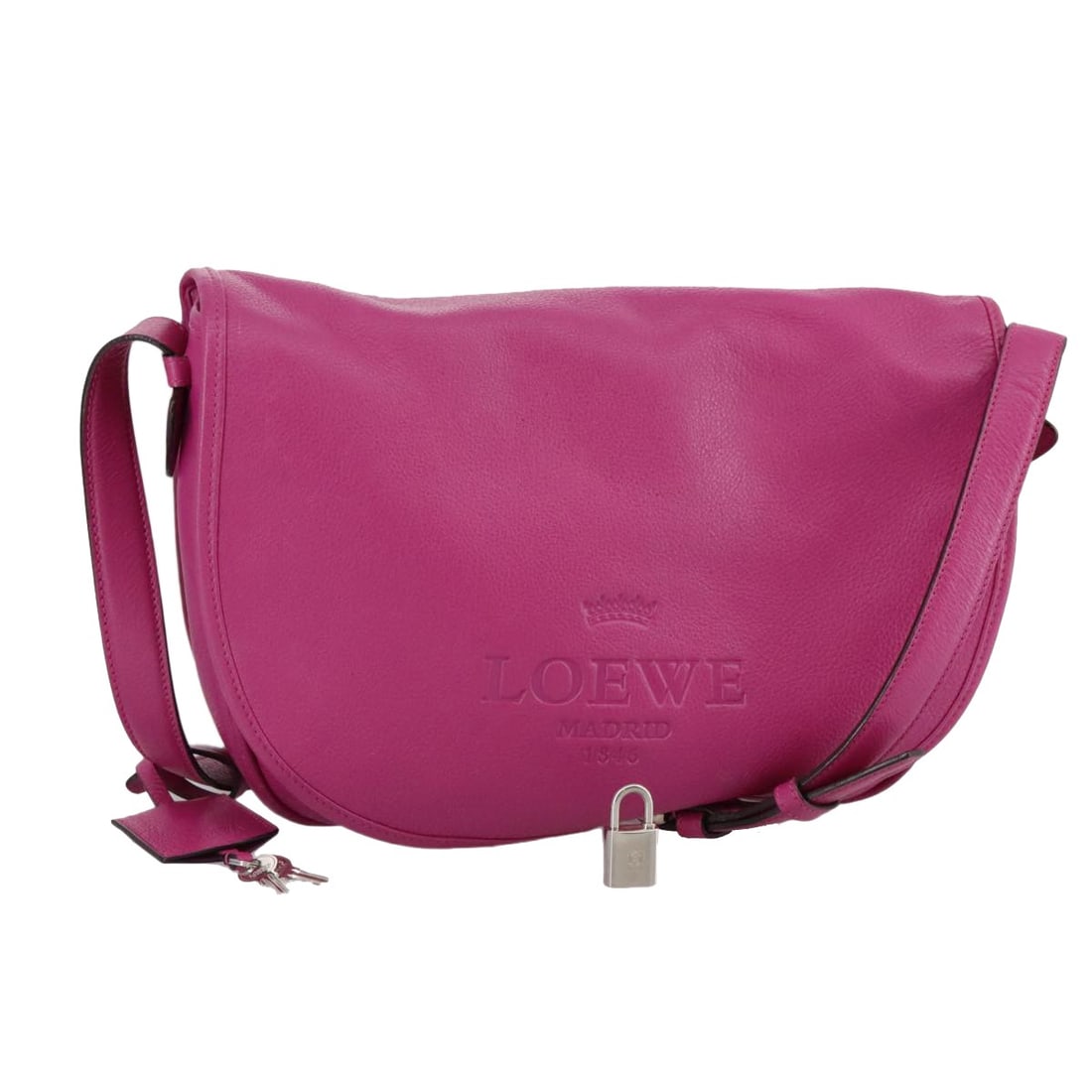 Heritage Messenger Pink Leather Shoulder Bag by Loewe Spain: Heritage Messenger Pink Leather Shoulder Bag by Loewe Spain This Loewe Heritage Messenger bag is crafted from pink leather and designed for women. The bag features a spacious interior and an adjustabl