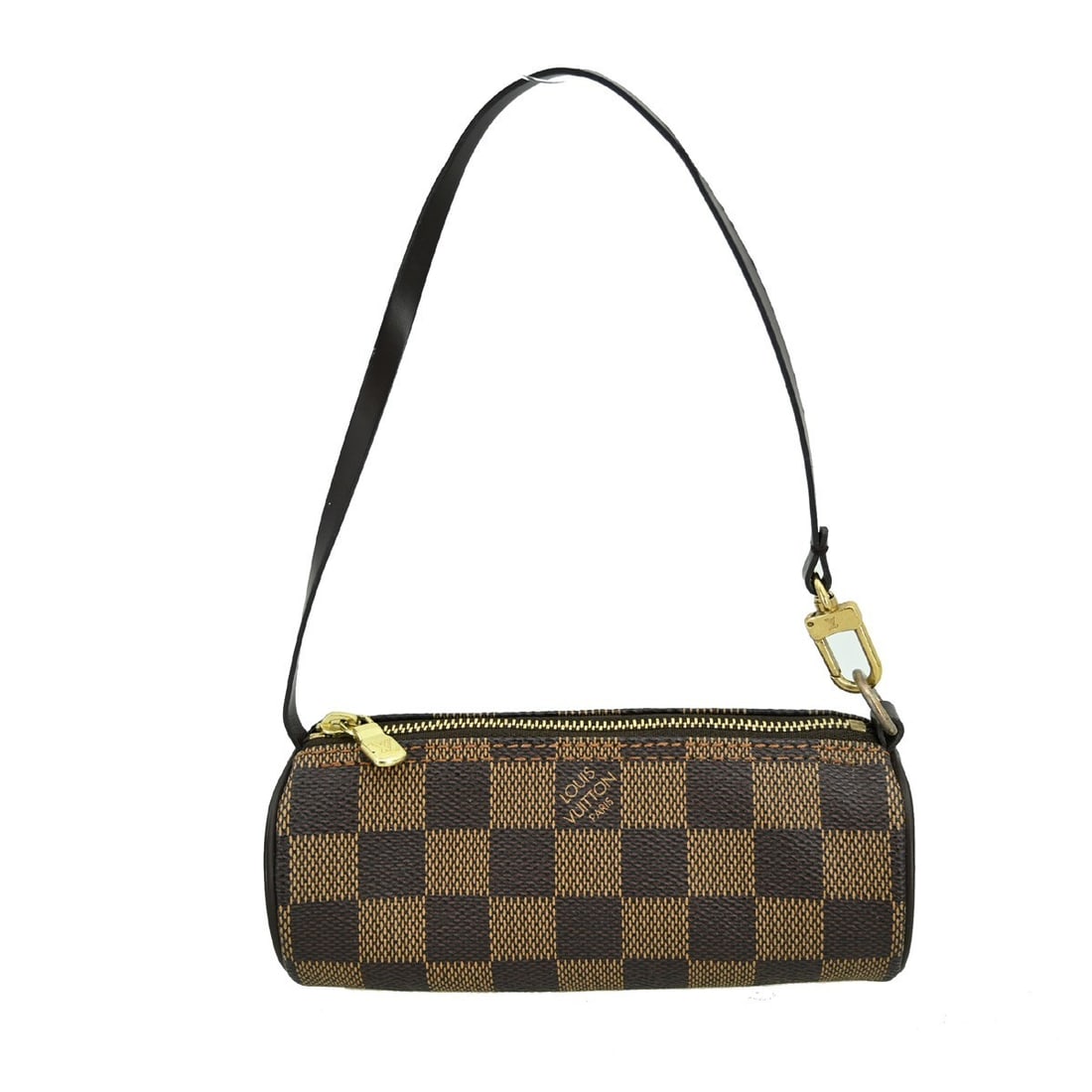 Brown Canvas Papillon Pochette by Louis Vuitton 15cm x 6.5cm x 6.5cm: Brown Canvas Papillon Pochette by Louis Vuitton 15cm x 6.5cm x 6.5cm Louis Vuitton Papillon Pochette in brown Damier canvas designed for women. This compact pouch features a cylindrical shape with a z