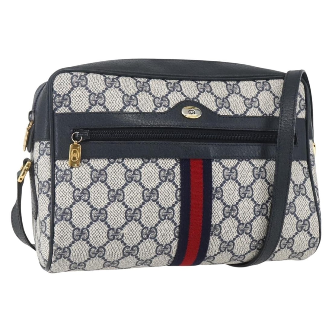 GUCCI GG Supreme Navy Gold PVC Shoulder Bag Auth Italy: GUCCI GG Supreme Navy Gold PVC Shoulder Bag Auth Italy Introducing the GUCCI GG Supreme Sherry Line Shoulder Bag, a stylish accessory that combines luxury and functionality. This exquisite shoulder