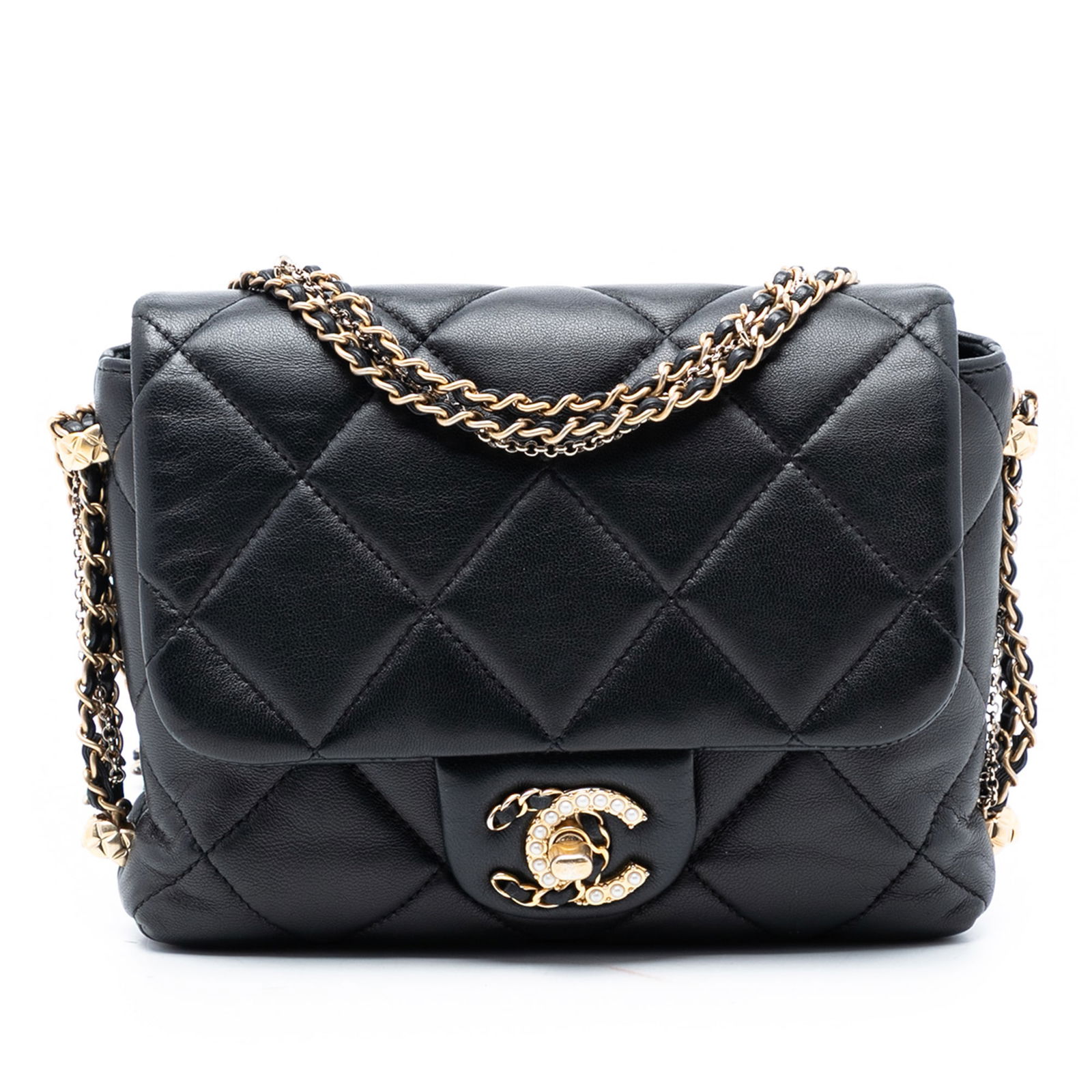 Chanel Black Mini Crush on Chains Quilted Lambskin Flap Crossbody Bag: Chanel Black Mini Crush on Chains Quilted Lambskin Flap Crossbody Bag This Chanel Mini Quilted Lambskin Crush on Chains Flap crossbody bag features a quilted lambskin leather exterior in black, a leat