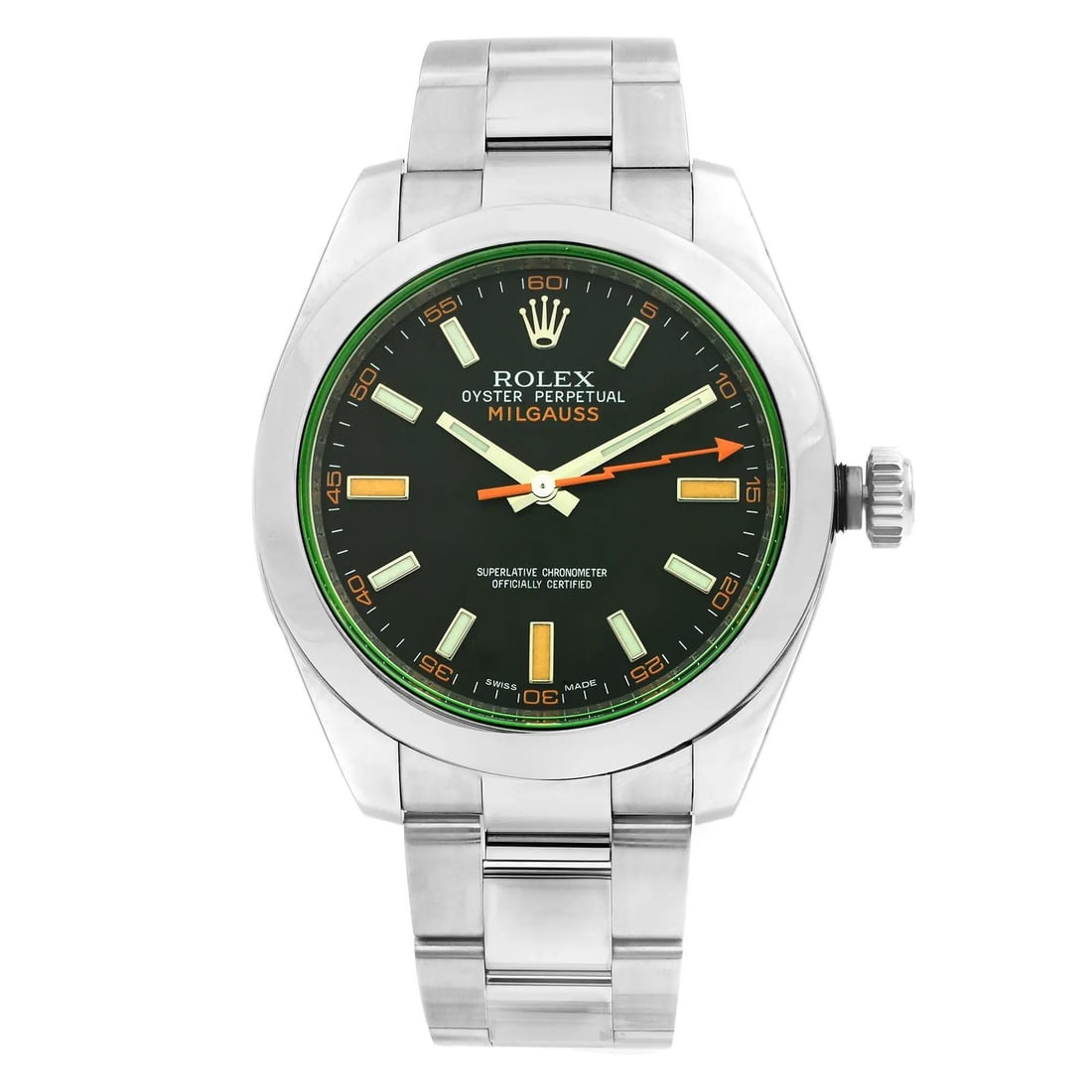 Rolex Milgauss 116400GV Automatic Mens Watch Black Dial Green Crystal: Rolex Milgauss 116400GV Automatic Mens Watch Black Dial Green Crystal Introducing the Rolex Milgauss, a sophisticated men's wristwatch that seamlessly blends style and functionality. Crafted in Switze